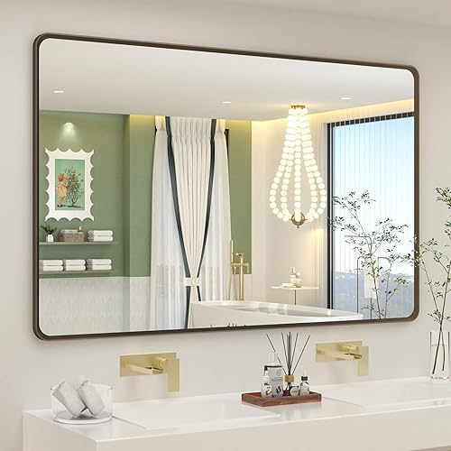 Miniatura 69 de OKPAL Espejo de Baño con Marco de Metal Negro de 40 x 36 Pulgadas para Pared, Espejo de Tocador de Baño Negro Mate, Espejo Rectangular Redondeado