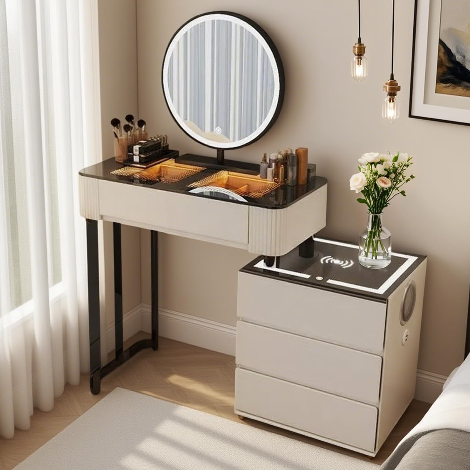 Dressing Table with 3-Colour Smart Mirror & LED Lights, Vanity Desk with Bluetooth Speaker + Wireless Charging, Make Up Table With Mirror And Chair For Daughter And Wife (White without chair, 80cm)