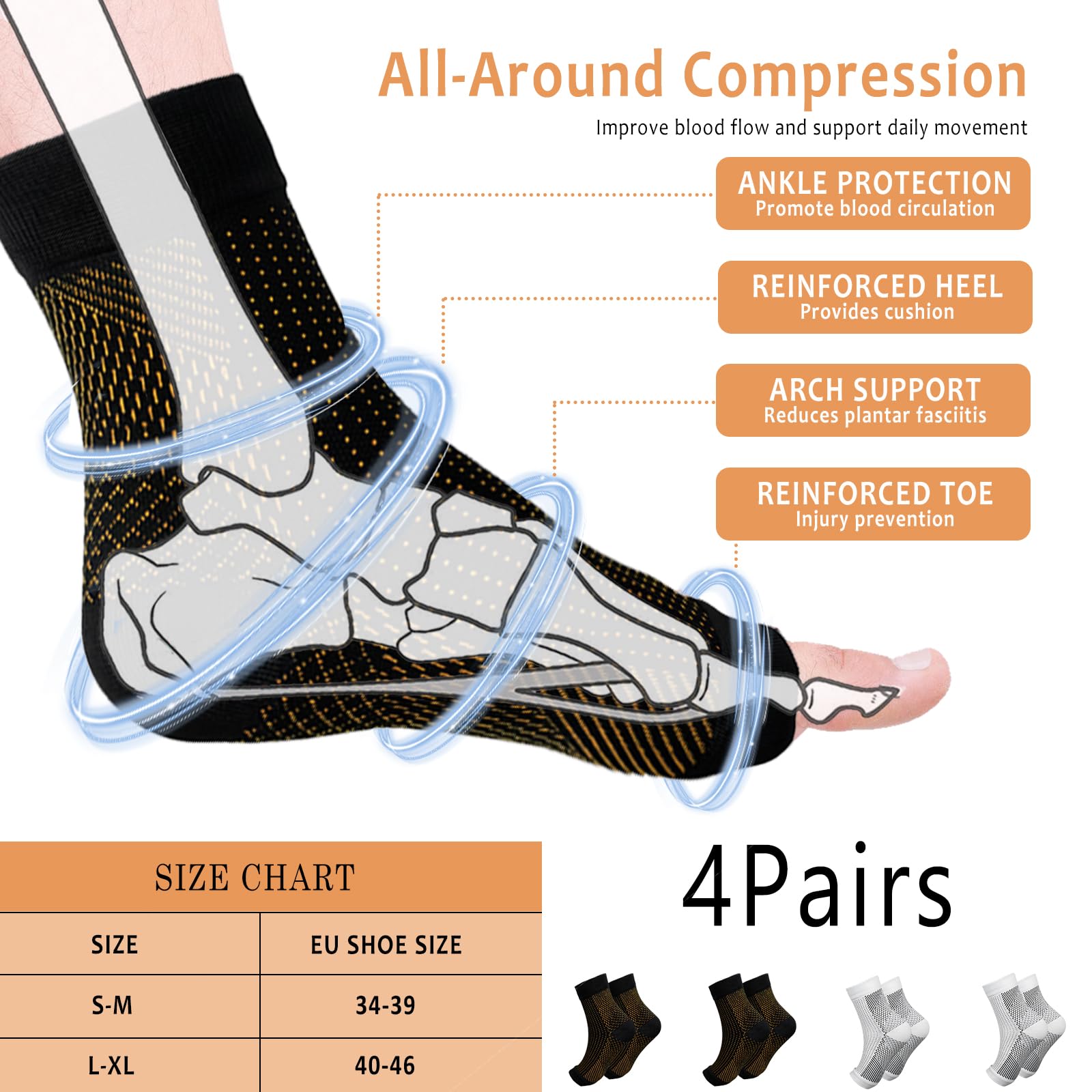 CIYIN Calcetines de Compresion, 4 Calcetines de Compresión Ortopédicos, Calcetines Compresion para Hombre Y Mujer, Soporte Tobillo Elástico, para Fascitis Plantar