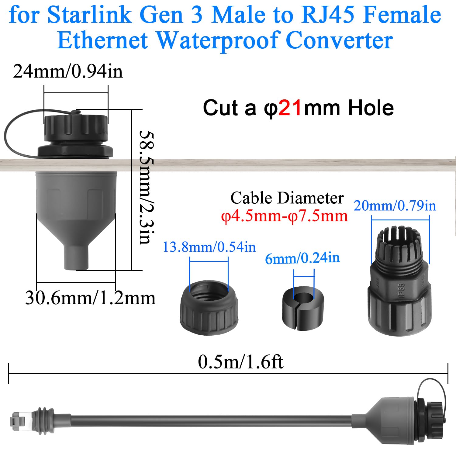 QIANRENON V3 adapter Ethernet wodoodporny kabel montażowy do Starlink Gen 3 / Mini zewnętrzne wodoodporne złącze standardowe wtyczka V3 na gniazdo RJ45 konwerter sieciowy Cat6a 1000 Mbps, 0,5 m