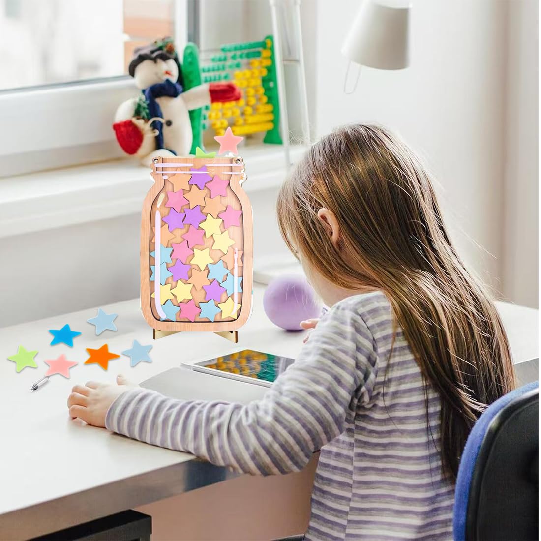 WUSJCOF Tabella delle Ricompense per Bambini con Un Barattolo di Stelle e 25 Stelle in Legno, per Classe e Casa, Barattolo Incentivo per Buon Comportamento a Scuola e in Famiglia (Colore Legno)