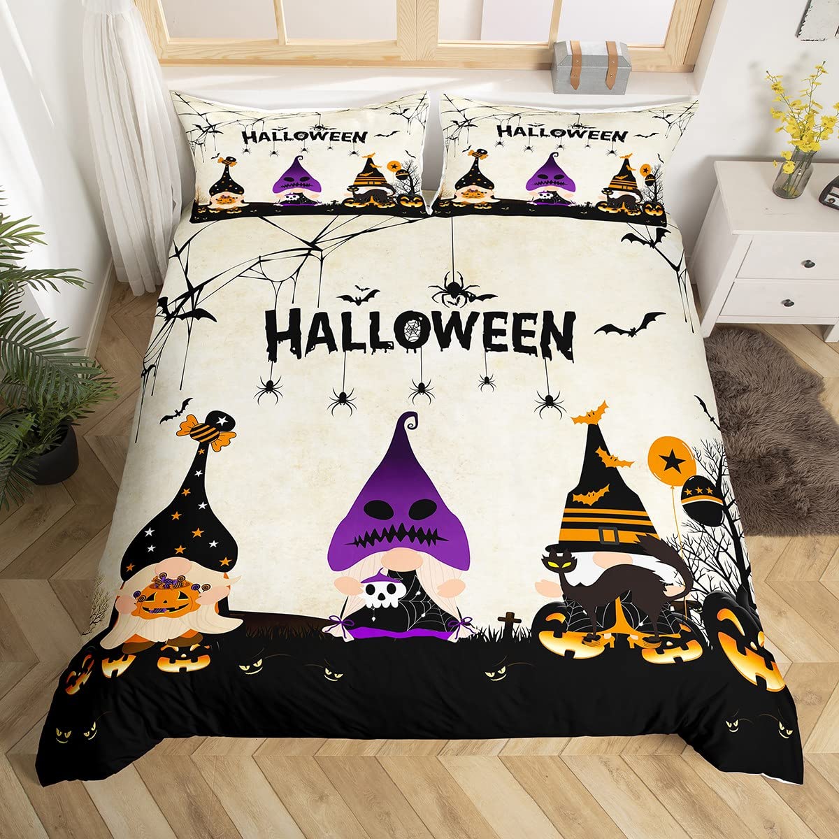 Homewish Halloween Gnome Comforter Cover Pumpkin Lantern Duvet Cover For Kids Child,Horror Spooky Gothic Bedding Set Spider Web Bats Halloween Decortion King Bed Set Cartoon Santa Dwarf Room Decor