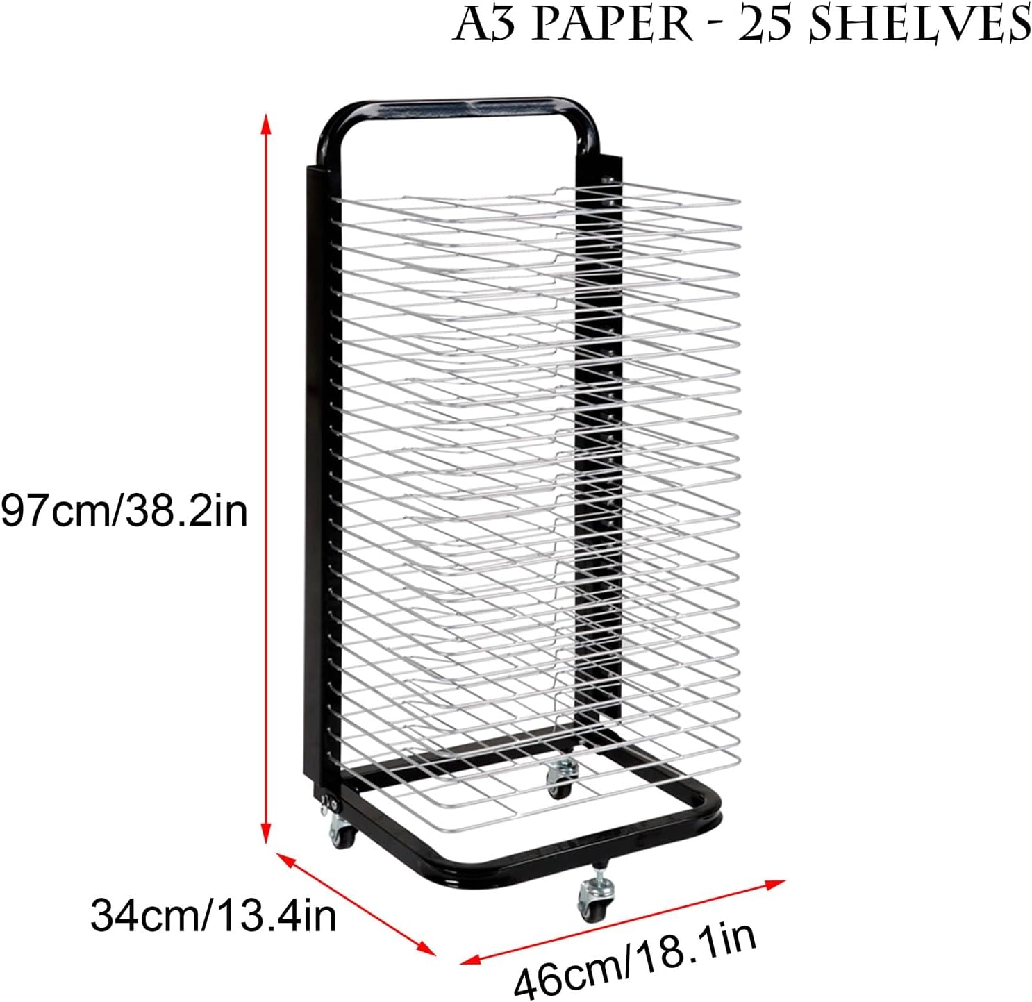 Art Drying Rack for Classroom Painting Crafts Drying Rack Art 25 Shelves Metal Artwork Storage Display Rack Mobile with Wheels for Schools and Art Studios,