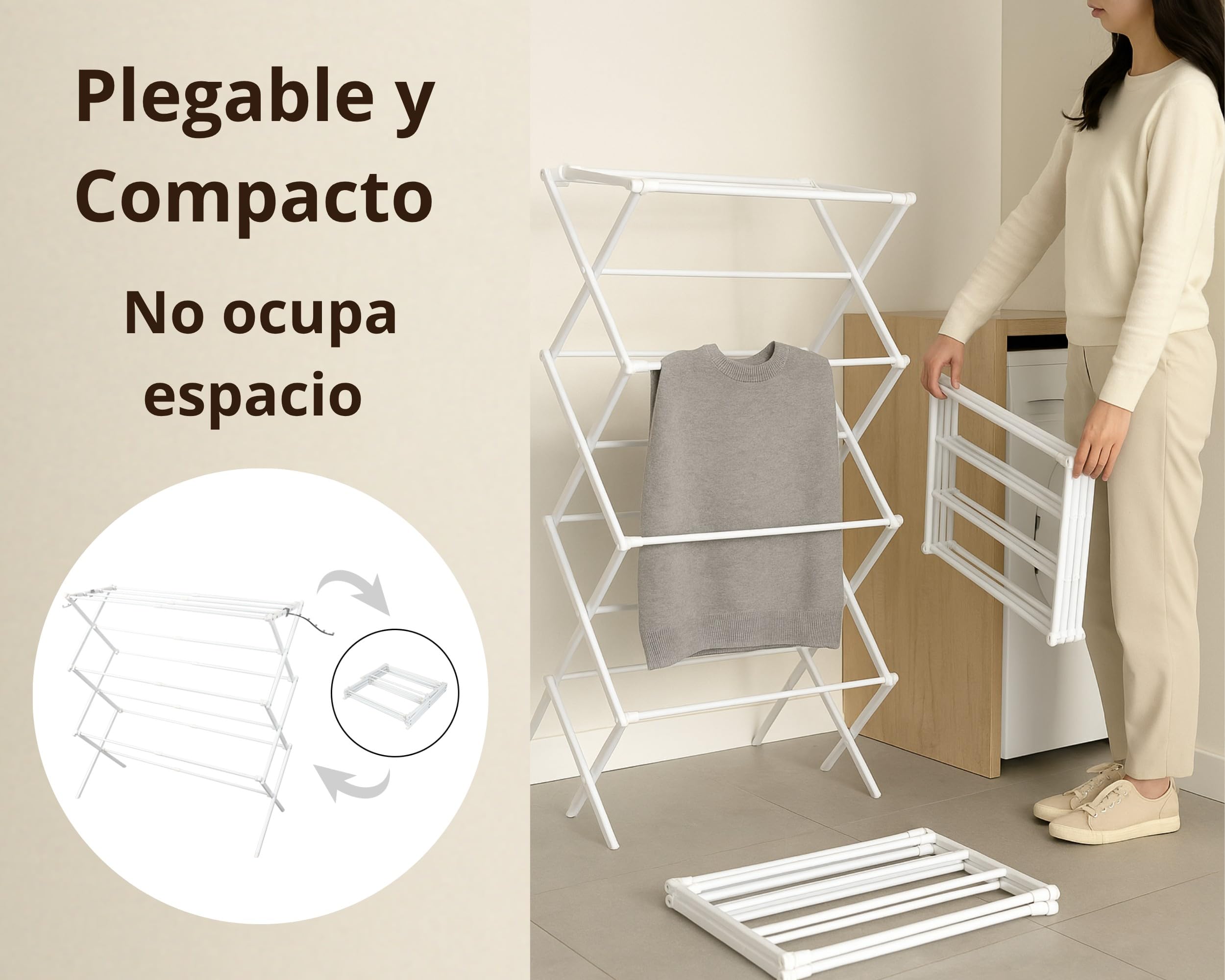 Tendedero Metálico Extensible y Plegable para Ropa | 58–102 x 41,5 x 105,5 cm | 2 Brazos para Perchas | Secar Camisas, Toallas y Prendas Largas | Compacto y Robusto | Blanco