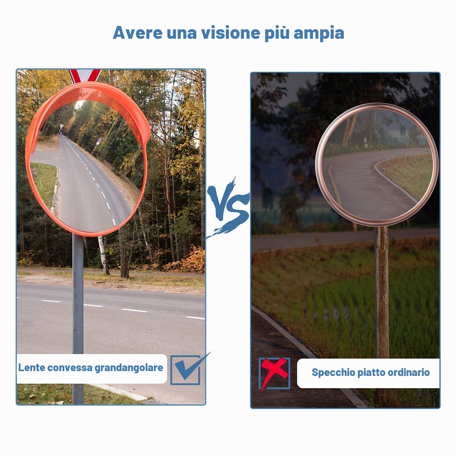 Specchio Convesso di Sicurezza Stradale, 30cm, Circolare, Arancione, con Copertura Antipioggia, per Interni ed Esterni