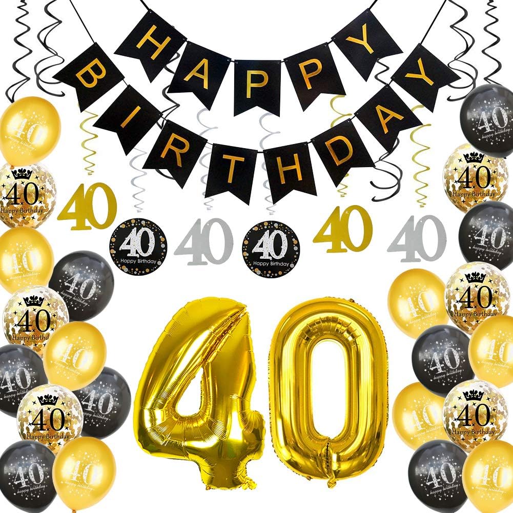 HankRobot 40th Birthday Decorations Party Supplies(40pack) Gold Number Balloon 40 Happy Birthday Banner Latex Balloons(Black, Golden) Confetti Balloons -Great for 40 Forty Years Old Birthday Party
