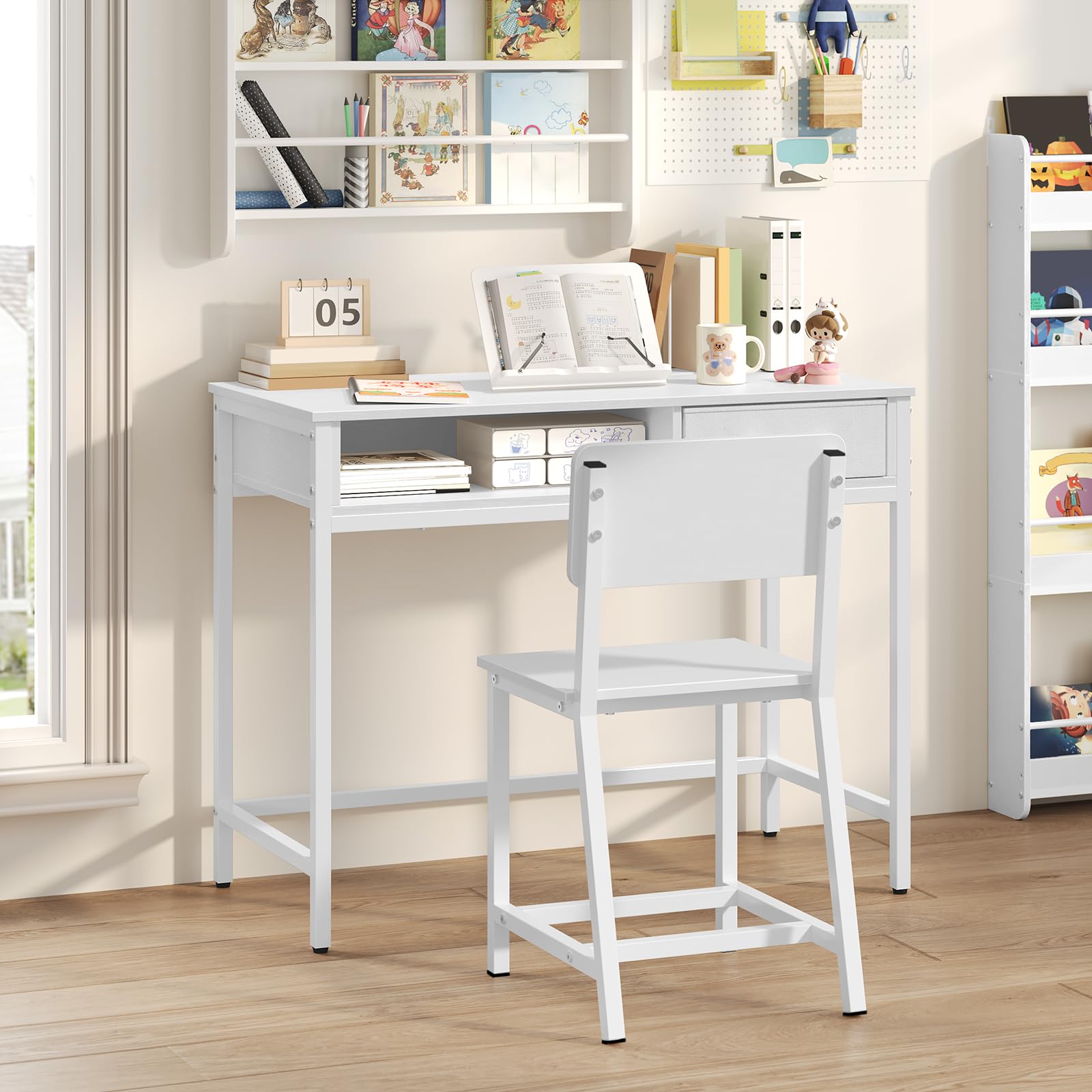 MAHANCRIS Kids Desk and Chair Set, Student Writing Desk, Kids Study Desk with Book Sorter and Fabric Drawer, Kids Wooden Study Table, for Study, Kids
