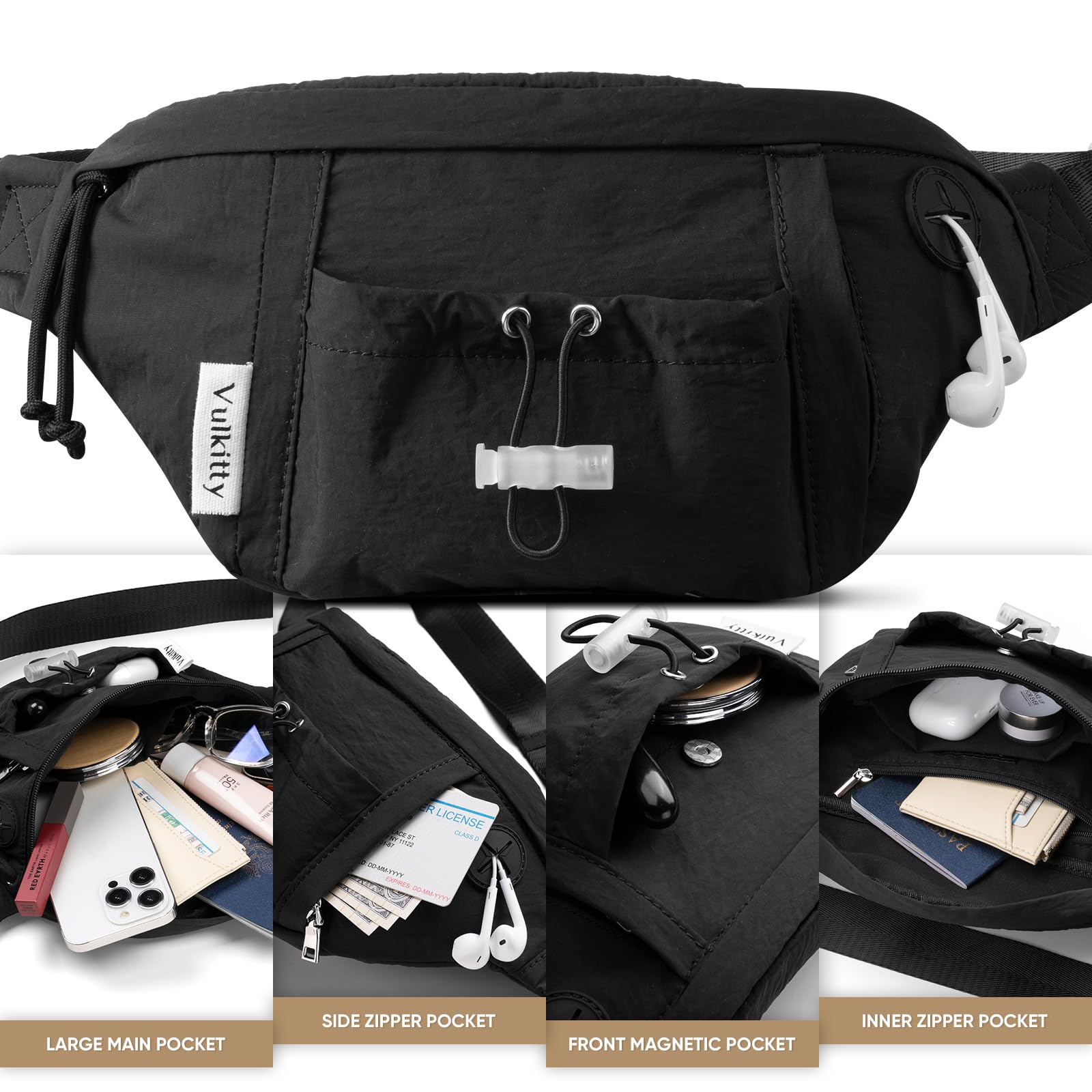Vulkitty Bumbag for Men Women Black Fanny Pack with Adjustable Belt, Headphone Jack, Multiple Pockets, Water-Resistant Fabric - Image 3