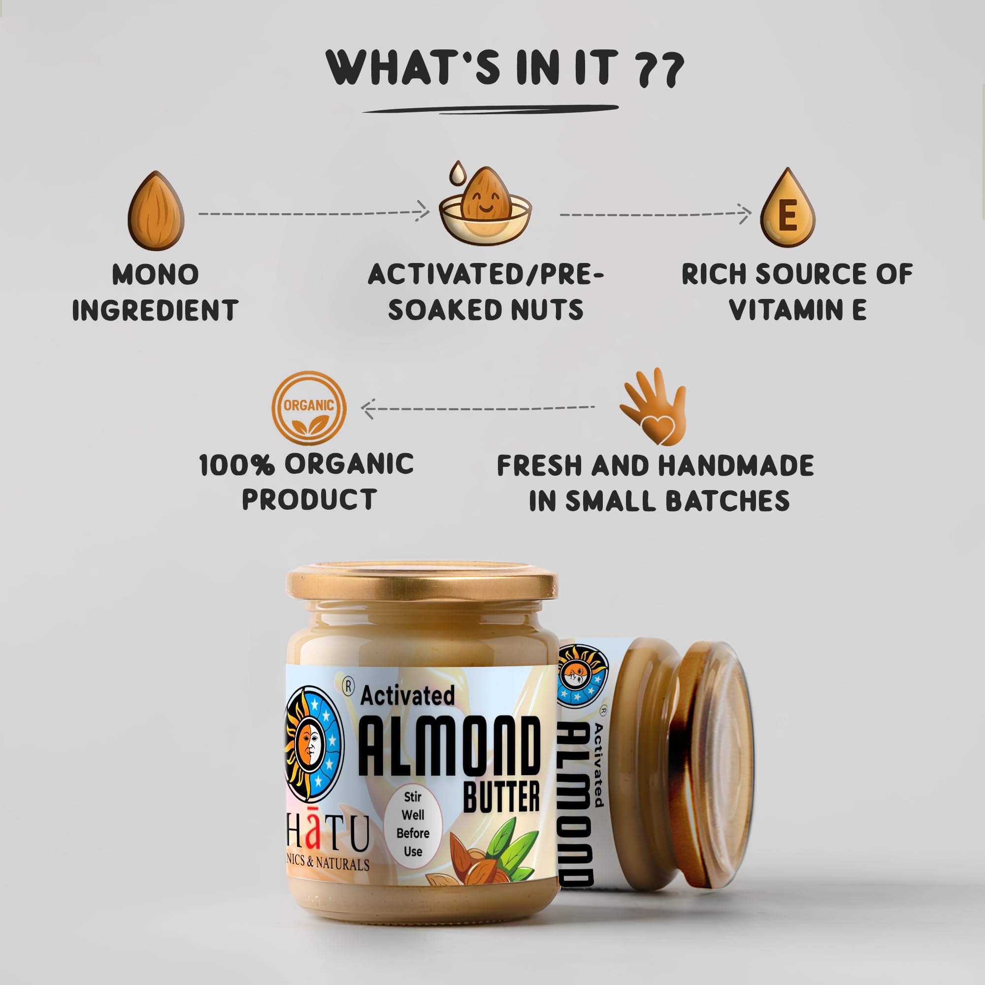 Dhatu Organics Activated Almond Butter 175g | Rich & Creamy | Vitamin E | Pre-soaked | Keto Friendly | Improved Digestion & Nutrient Assimilation | Unsweetened | Stoneground - Image 3 thumbnail