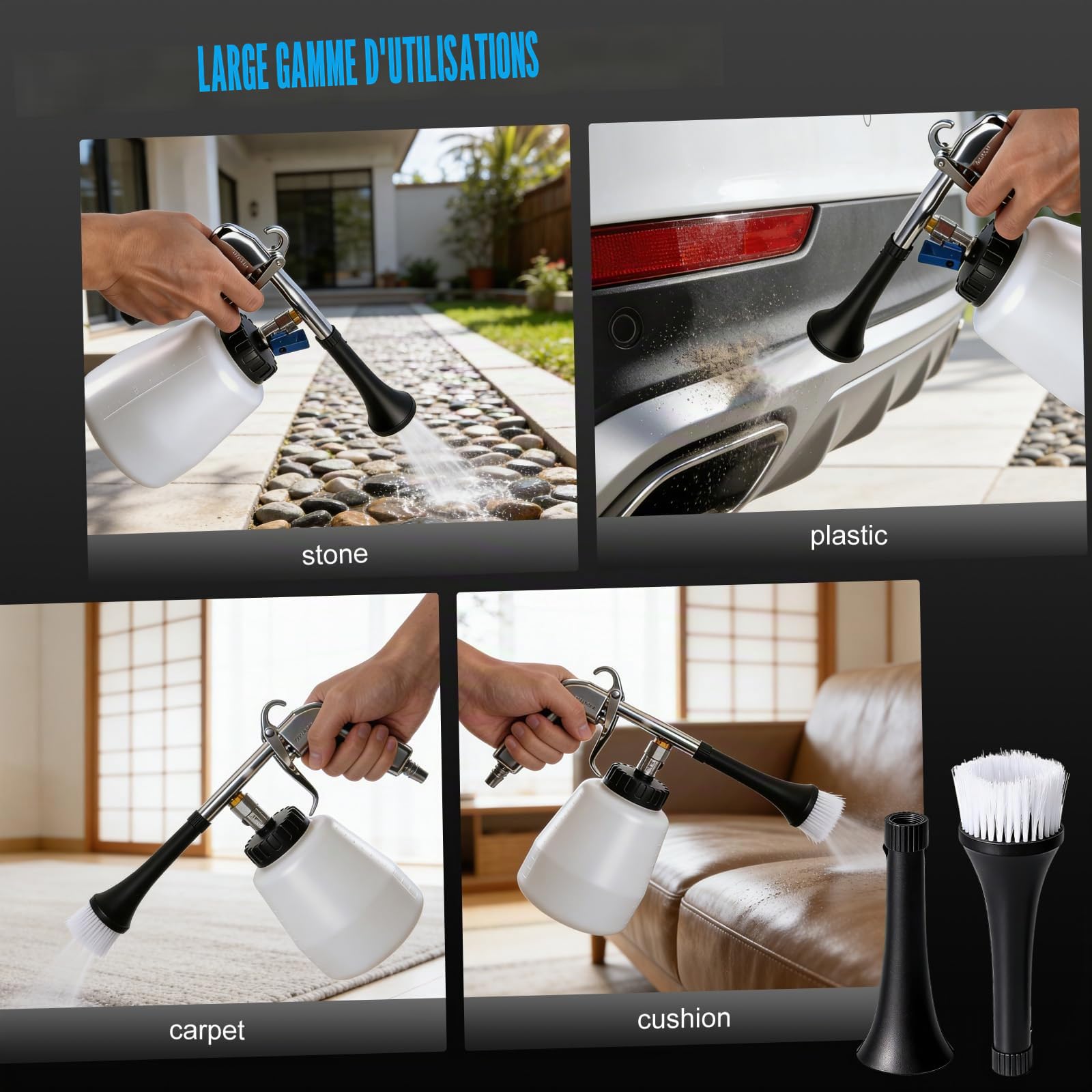 Pistolet de nettoyage à air comprimé avec effet tornade - Pistolet de nettoyage haute pression pour voiture, atelier et maison - Kit tout-en-un avec réservoir d'eau de 1 l, 2 buses et accessoires