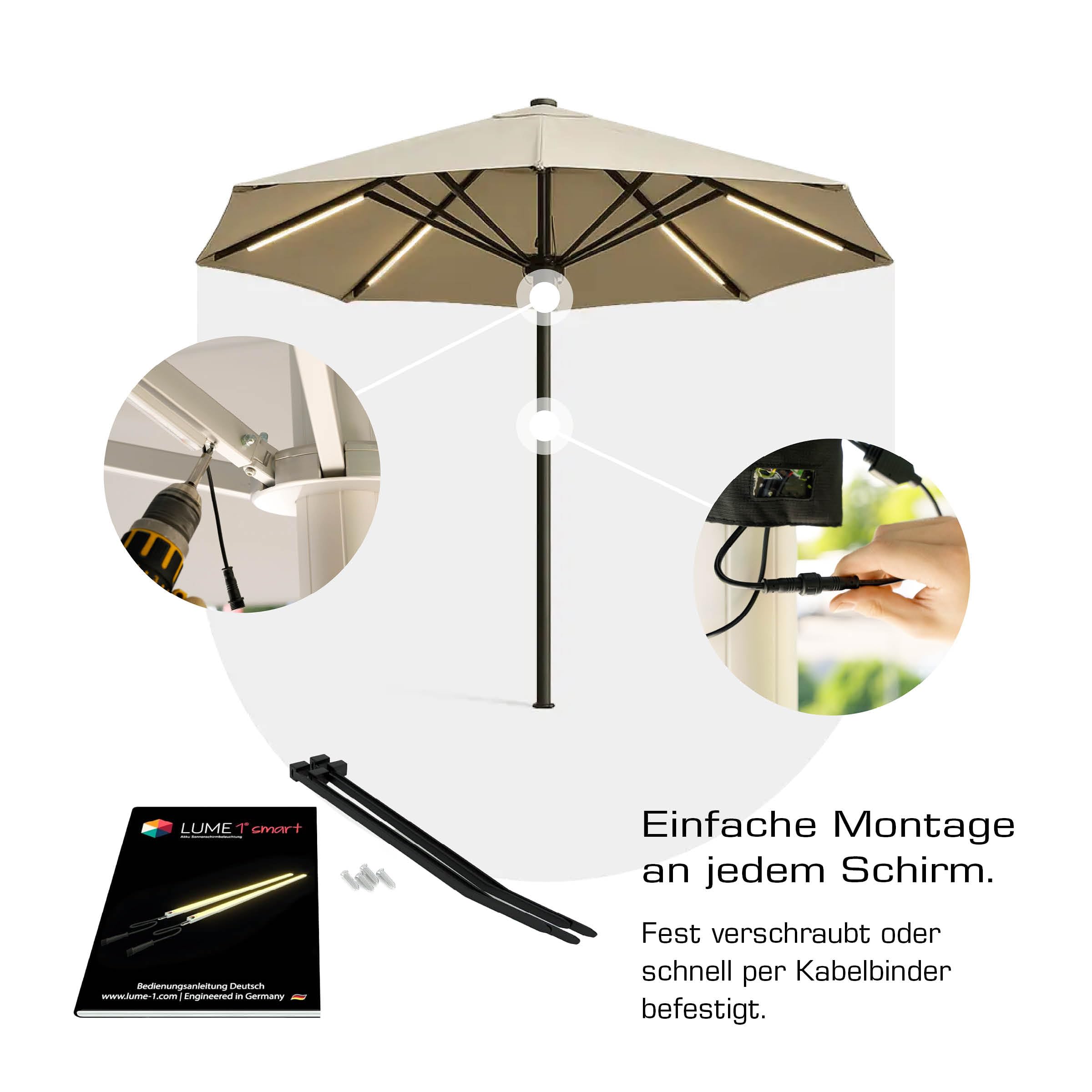 Lume1 Sonnenschirmbeleuchtung mit Fernbedienung, LED Leisten, warmweiß 1000 Lumen, 2700 Kelvin, Akku enthalten Smart Modell 2026 (Smart 2er Set)
