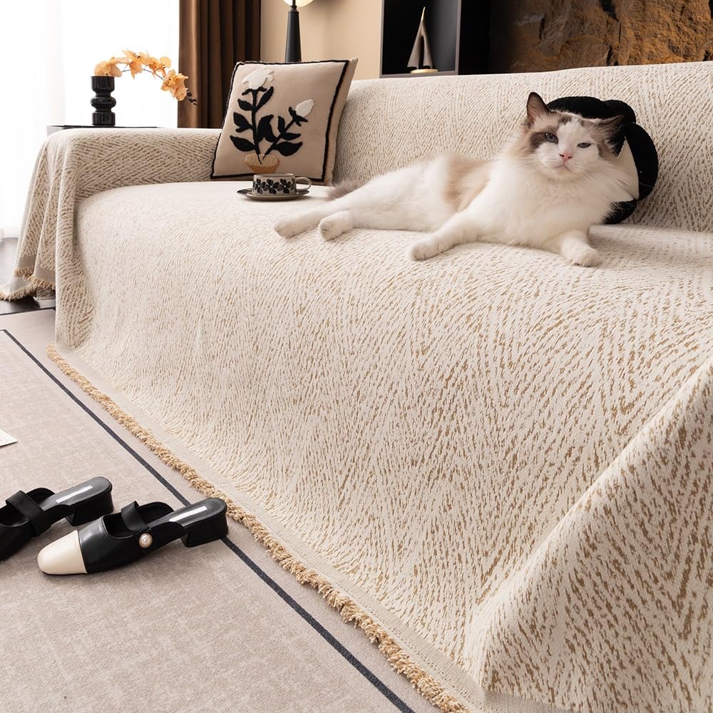 LIQOOEO Boho Chenille Sofa Throw with Tassel Fringe