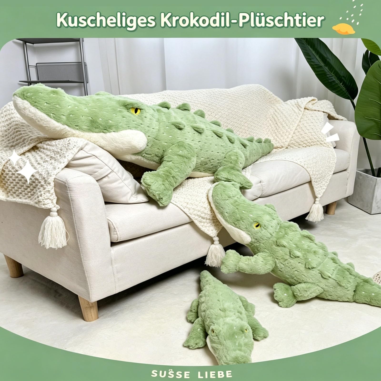 Krokodil Kuscheltier XXL, Groß Krokodil Stofftier Riesen Kuscheltier, Realistische Krokodil-PlüSenspielzeug Kissen, Krokodilkissen Plüschtier, Geschenk für Mädchen Jungen (115cm)