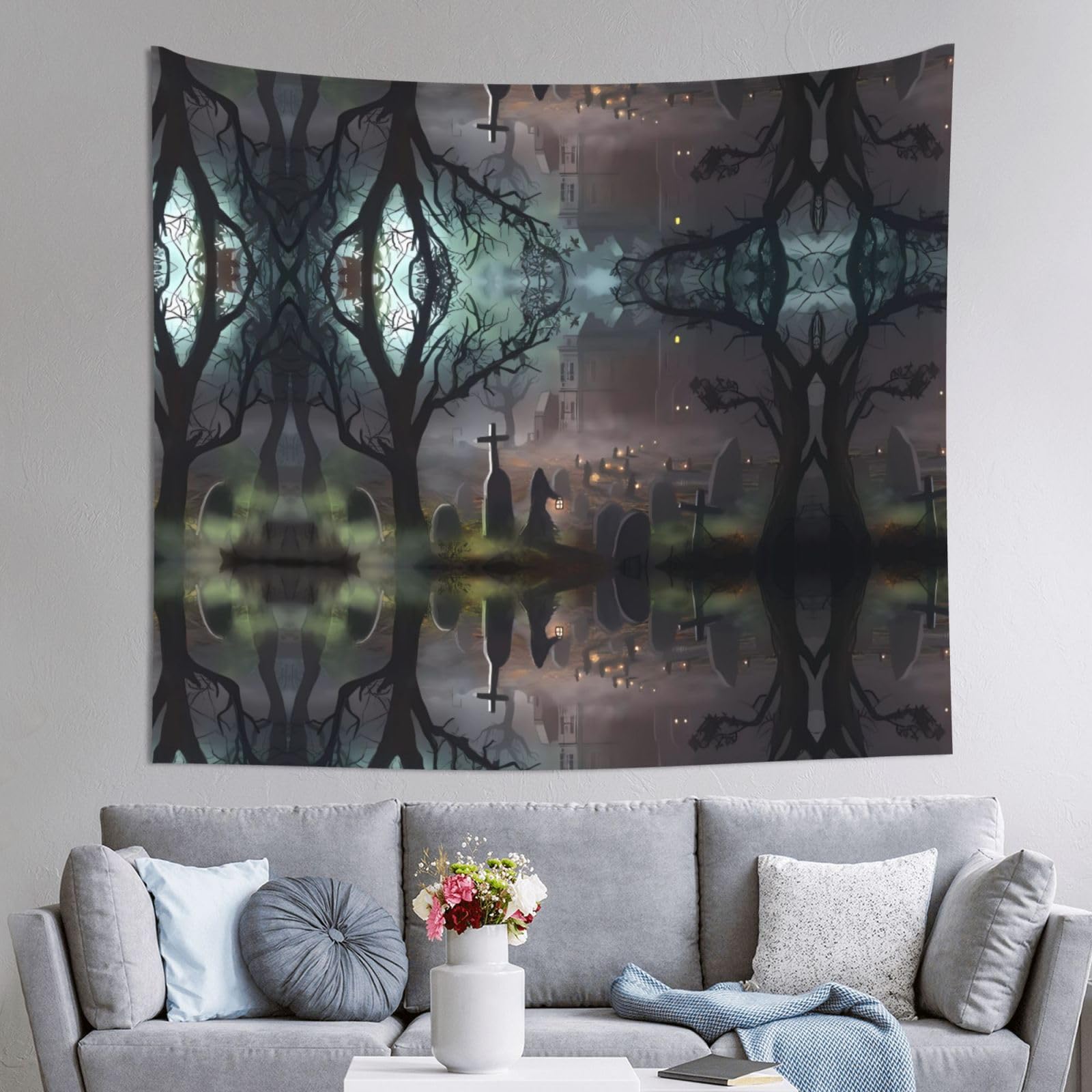 HLSBSSL 60x51in Halloween Horror Printed Tapestry Tablecloth for Dormitory and Picnic Rooms - Multifunctional Fabric Hanging