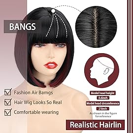 WERD Short Bob Black Wig with Bangs Synthetic Hair for Women mixed Black Red Highlights Wigs for Cosplay Party Daily Halloween