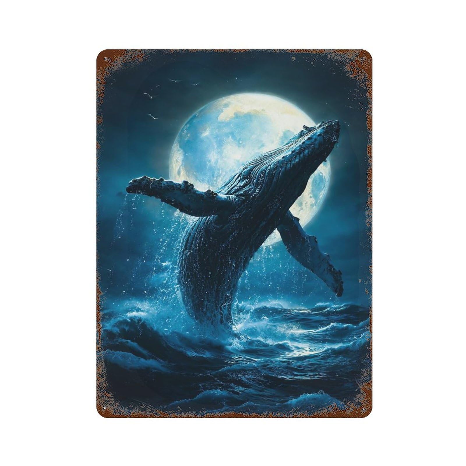 Whale Breach, Moonlight Ocean Vintage Wall Sign 15.7"x11.8", Rust Effect Metal Decor for Bistro, Counter And Cafe Decor