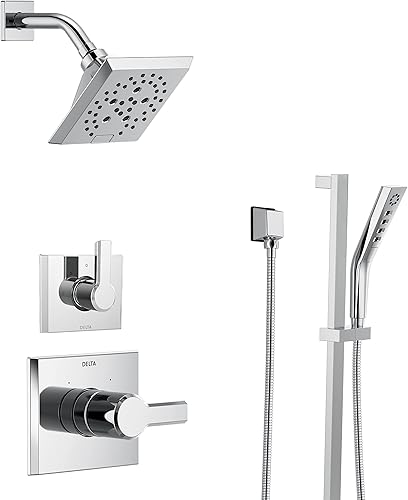 Delta Faucet Sistema de ducha cromado pivotal de 3 ajustes, incluye cabezal de ducha cromado, barra deslizante, mango de ducha, desviador de ducha y