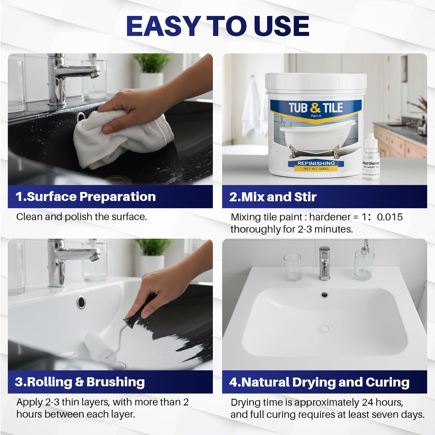 Tub and Tile Paint Refinishing Kit, 17oz Bathtub Refinishing Kit with Tools, DIY Tub Paint White for Bathtub, Shower, Kitchen Countertop, Porcelain, Easy to Cover & Low Odor, 25-30sq.ft - Image 7