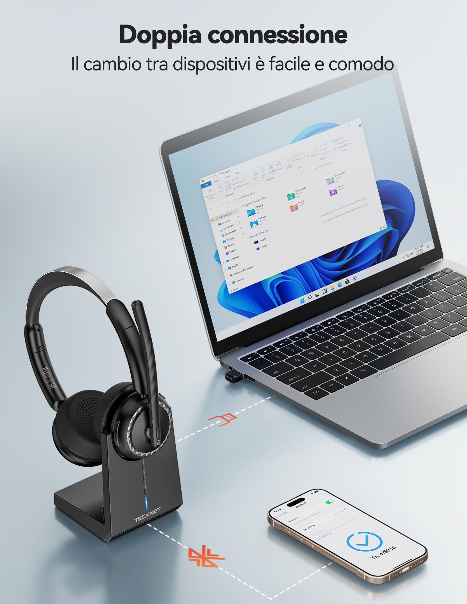 TECKNET V5.3 - Cuffie Bluetooth con microfono, cuffie wireless con microfono AI cancellazione del rumore, stazione di ricarica, dongle USB, batteria 55+ ore, ricaricabili, per ufficio, casa