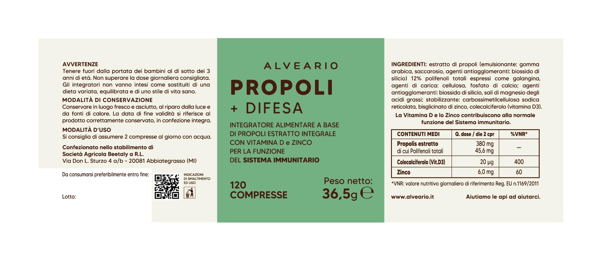 ALVEARIO Propoli + Vitamina D e Zinco | Rafforza Difese immunitarie 120 compresse adulti e bambini | Protegge dal Mal di Gola, Allevia la Stanchezza Fisica e Mentale