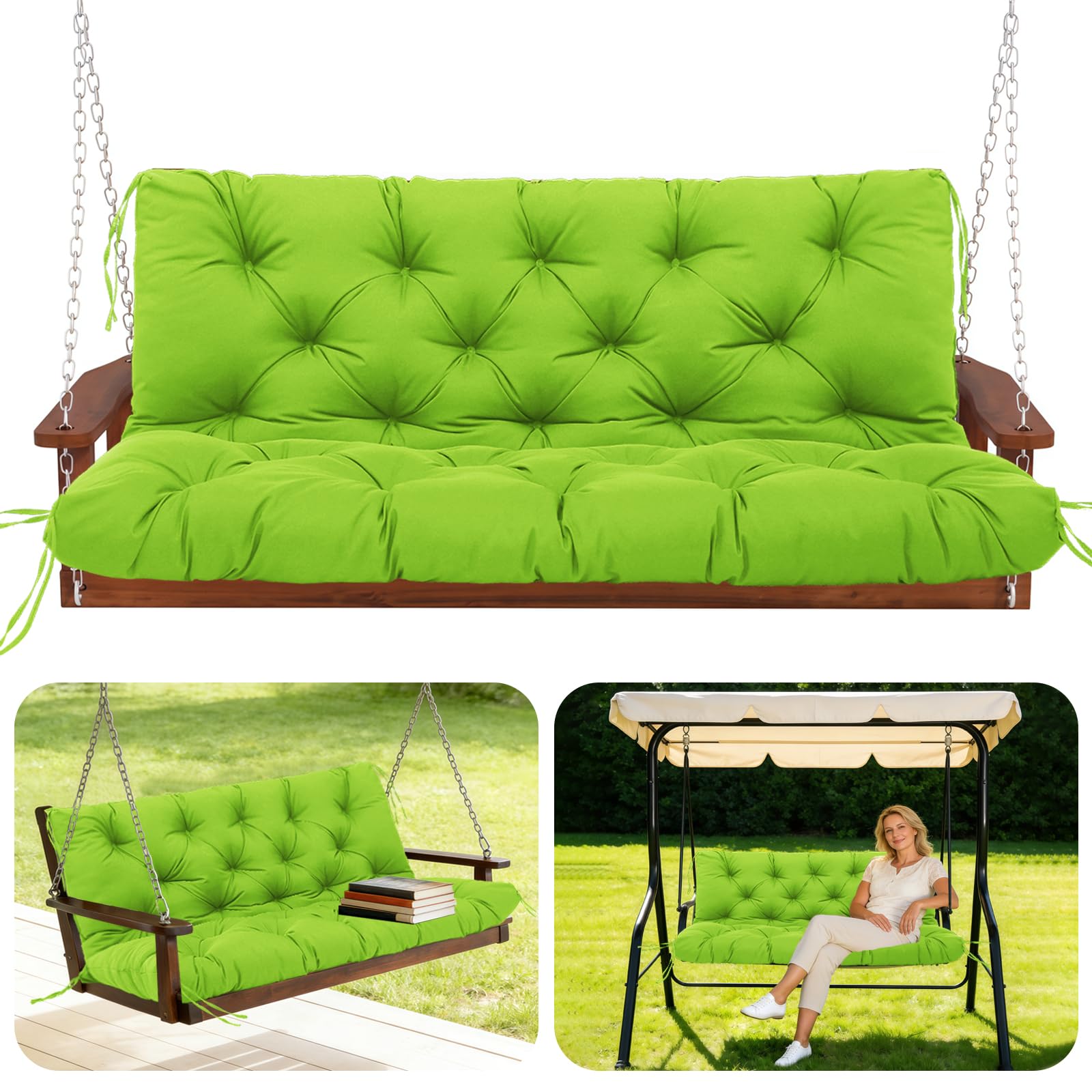 GHDM Garden Bench Cushion Thick 12cm Swing Cushions 2 Seater with Backrest and Tie 120cm Waterproof Swing Seat Cushions Replacement for Outdoor Furniture Patio Porch Lawn Backyard(Green)