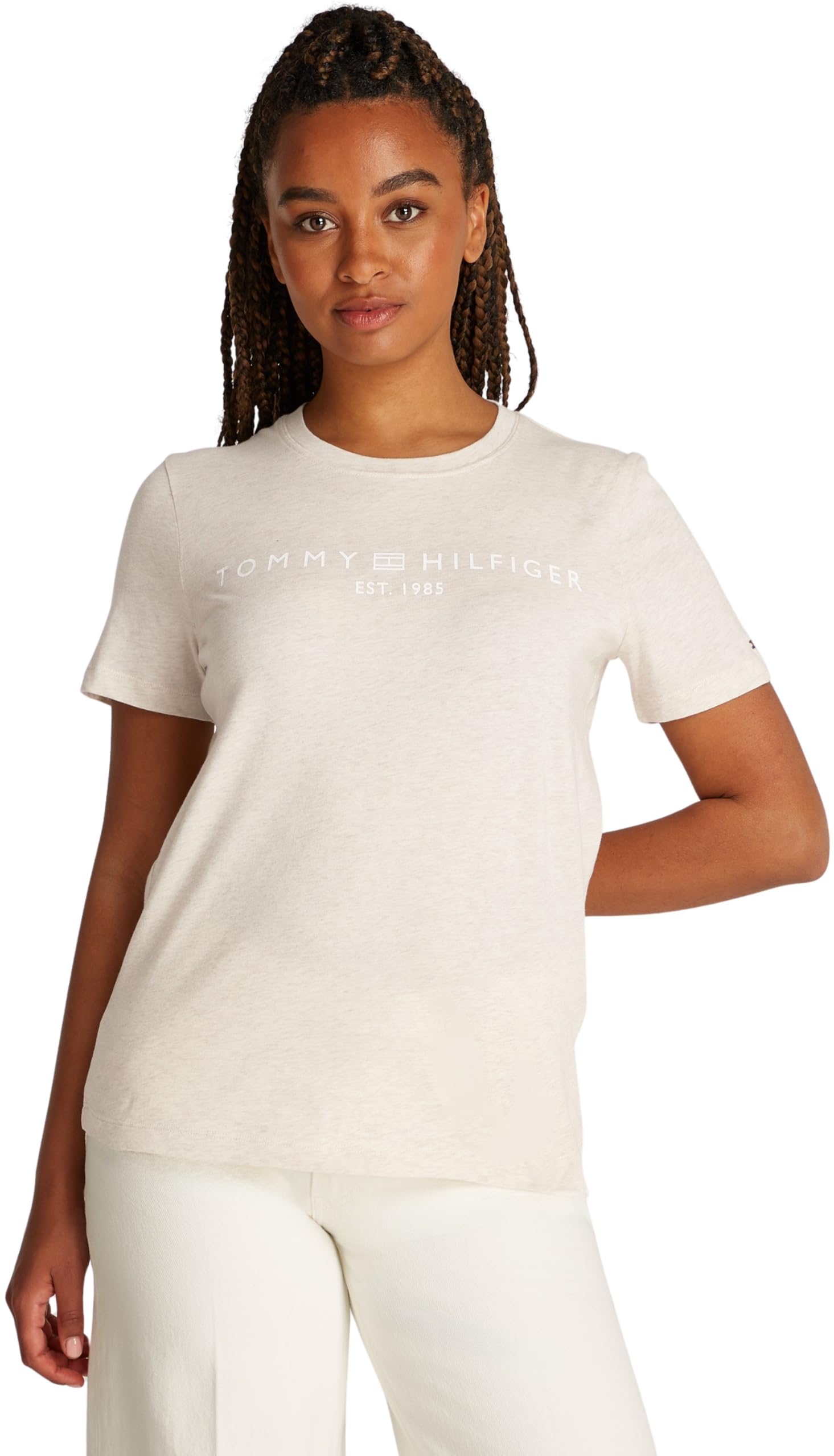 Tommy Hilfiger Women's Round Neck Short Sleeve T-Shirt, Off-White (Oatmilk Heather), XS