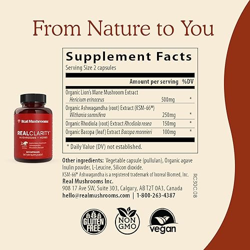 Miniatura 3 de Real Mushrooms RealClarity (60 ct) y melena de león (120 ct) - Suplemento de hongos para la salud cerebral, claridad mental, enfoque, cognición y