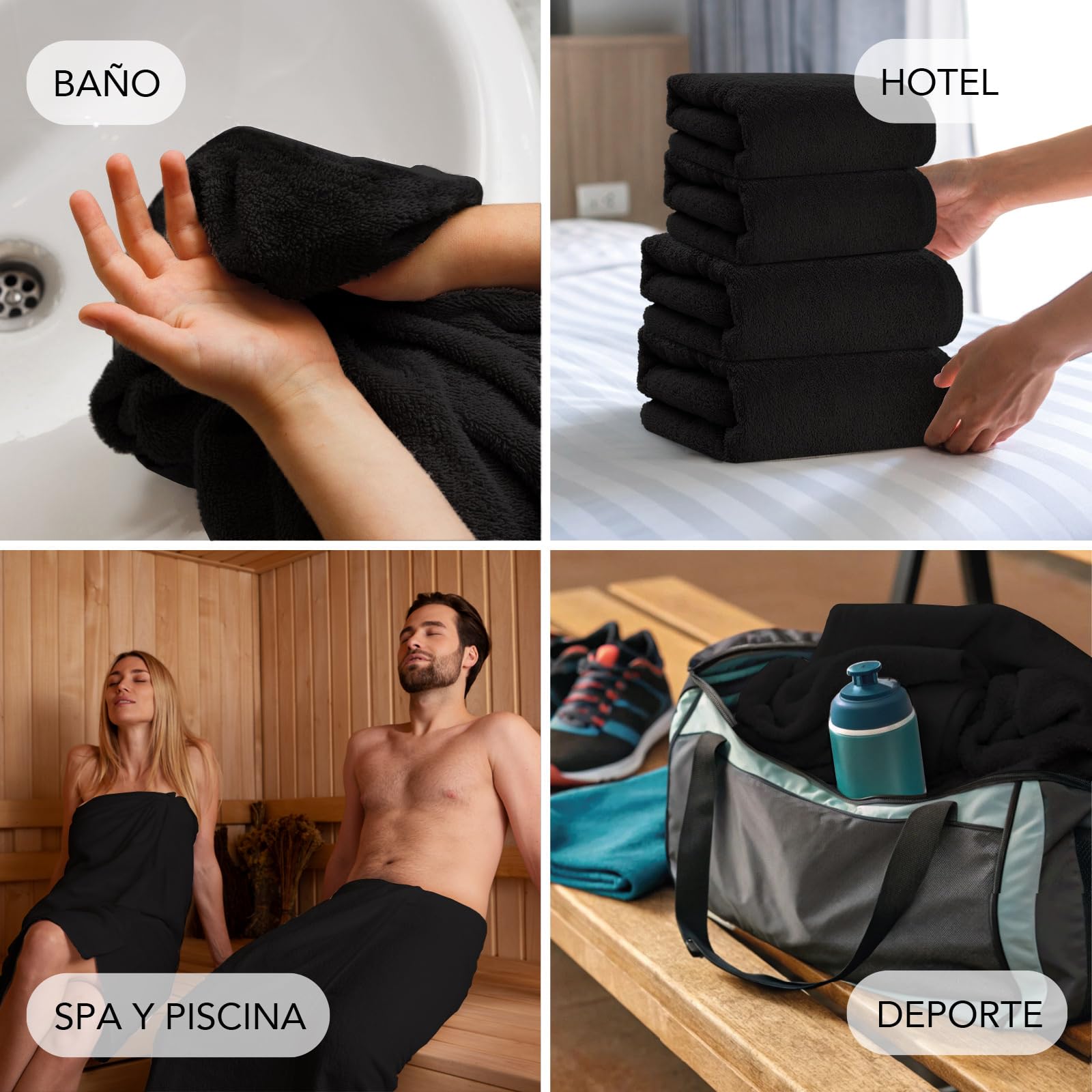 SLEEPZEN - Juego de Toallas de Baño 70x140, Juego de 4 - Negro, en Algodón Orgánico Certificado Gots - 500 g/m² - Ultra absorbentes - Extra Suaves - Fabricadas en Portugal - Certificadas Oeko-Tex