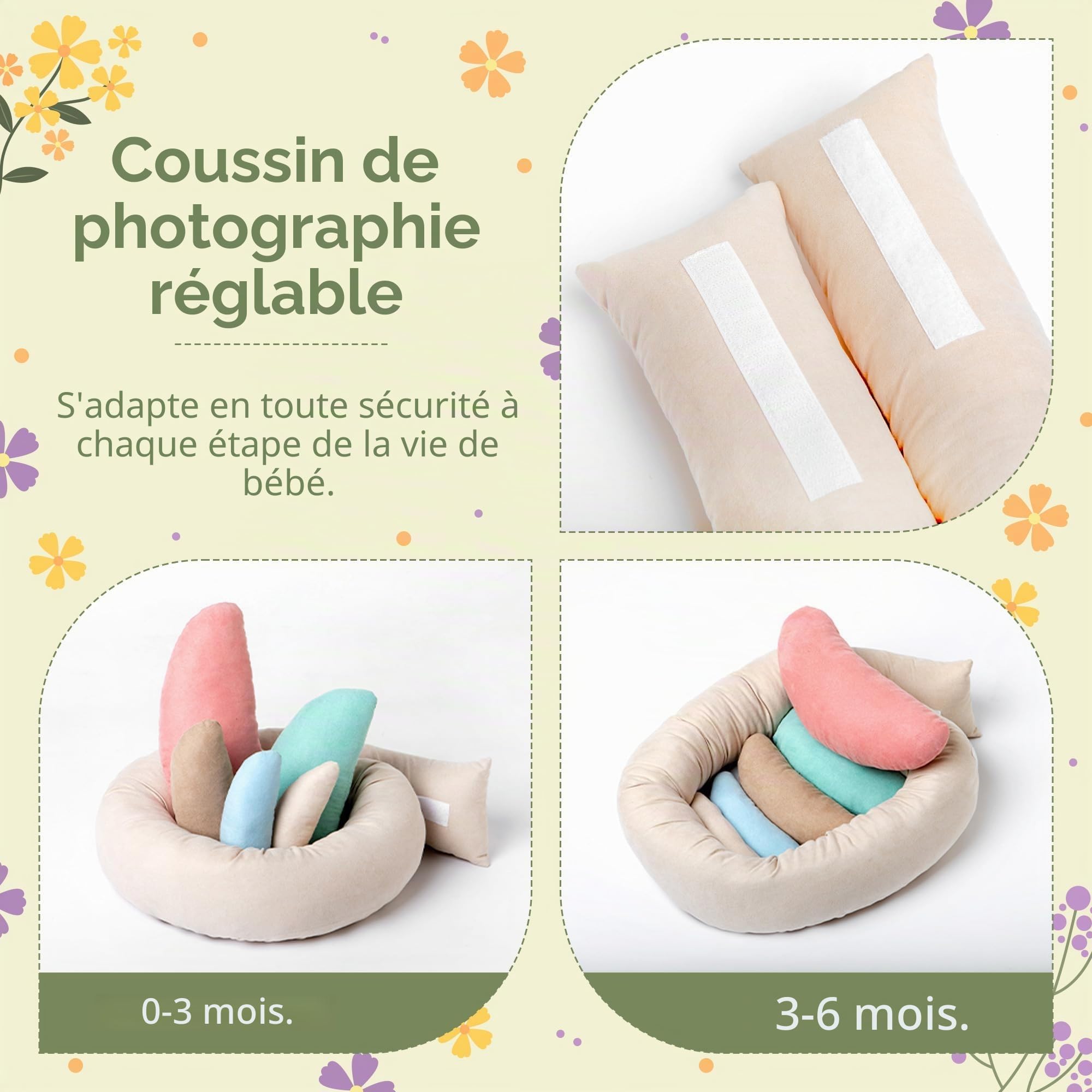 Lot de 6 accessoires photo pour nouveau-né, accessoires photo pour nouveau-né, coussin, panier de photographie pour bébé, accessoires de pose, 1 donut photo, 5 coussins multicolores (convient