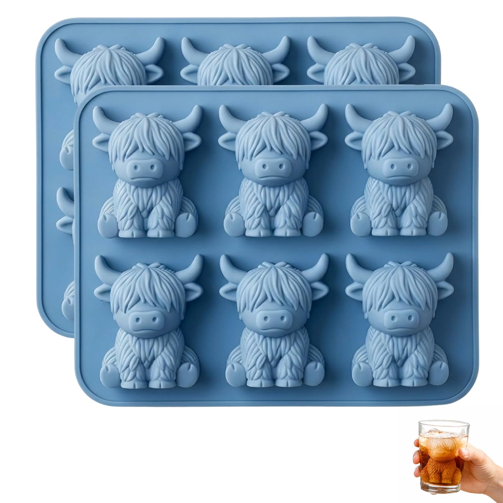 2PCS Highland Cow Ice Tray, 3D Highland Cow Ice Mold, 6-Chamber Silicone Animal Ice Tray