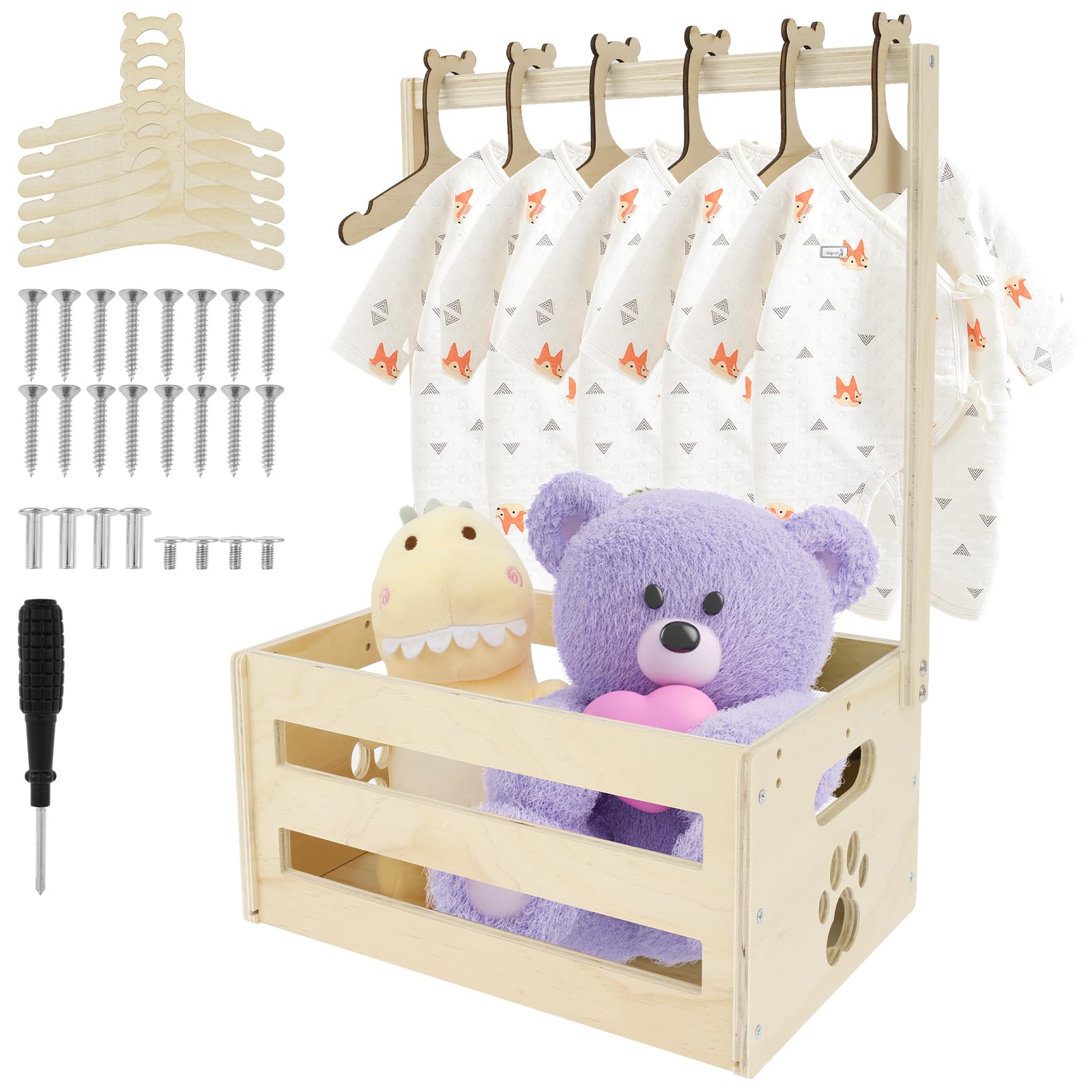 Rhaiqbvc Beige Wooden Baby Shower Crate Closet - Smooth Wood Basket With Handle & 5 Hangers, Large Capacity Storage Hamper, Attractive Clothes Rack For New Born (Style D)