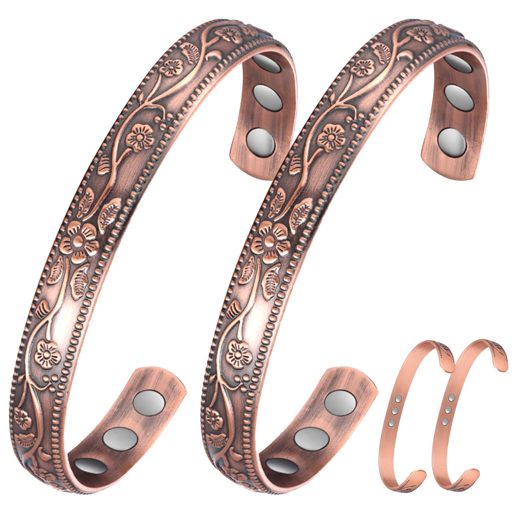 Jecanori 2Pcs Magnetic Copper Bracelets for Women, Vintage Flower 99.99% Pure Copper Bracelets with 3500 Gauss Magnets, Adjustable Cuff Jewelry with Gift Box