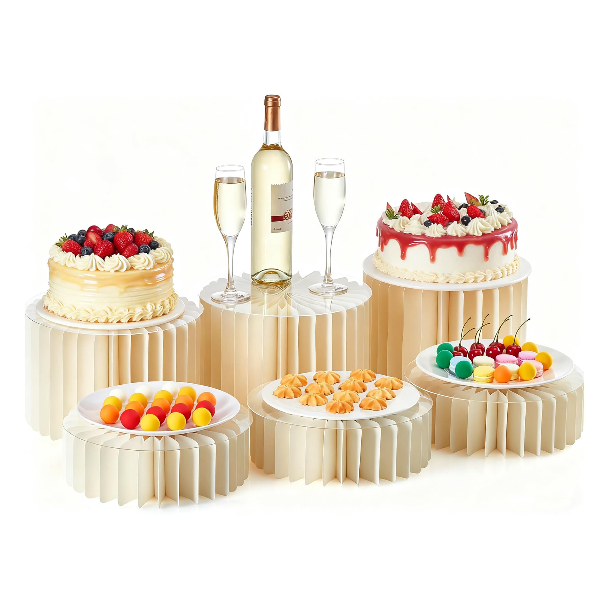 Photo 1 of BRESENZ 6-Pack Foldable Multi-Height Buffet Risers - 12" White Cardboard Cylinder Stands with Acrylic Plates for Wedding Cakes, Dessert Tables, Charcuterie Displays