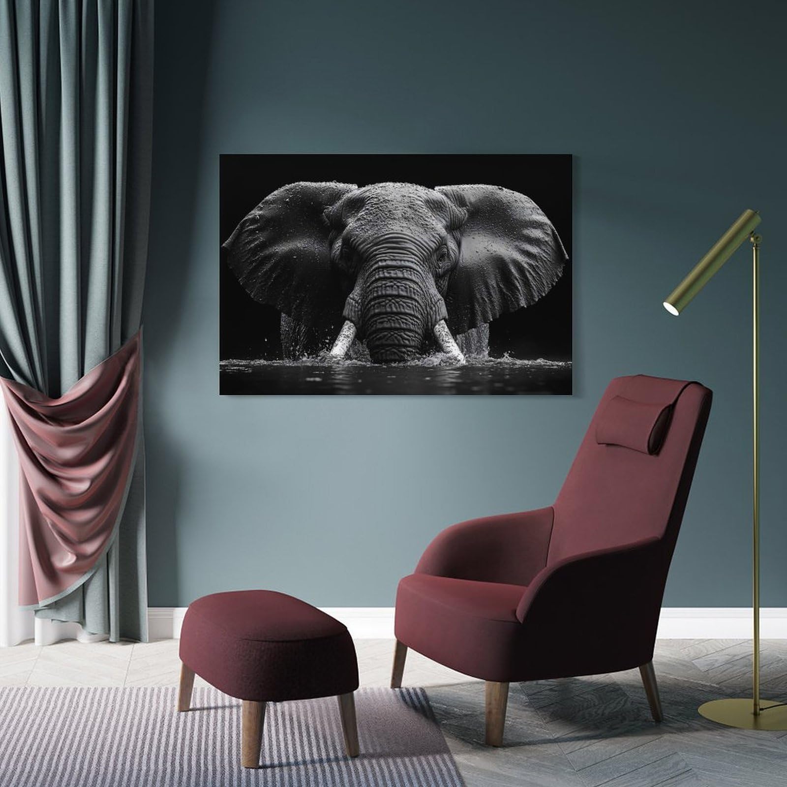Junmoney Hanging Wall Art Elephant in Water, Black And White, 08x12inch(20x30cm), for Wall Displays, Bedrooms Or Room Updates, Wall Decor Suited to Curated Displays