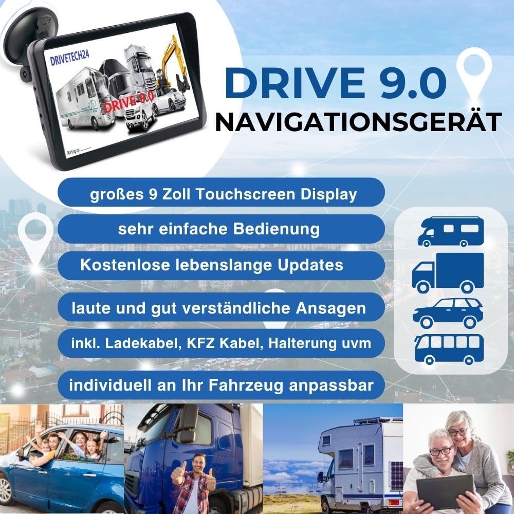 großes 9 Zoll Navigationsgerät Drive-9.0 Display Touchscreen PKW LKW Wohnmobil Bus, lebenslange Kartenupdates