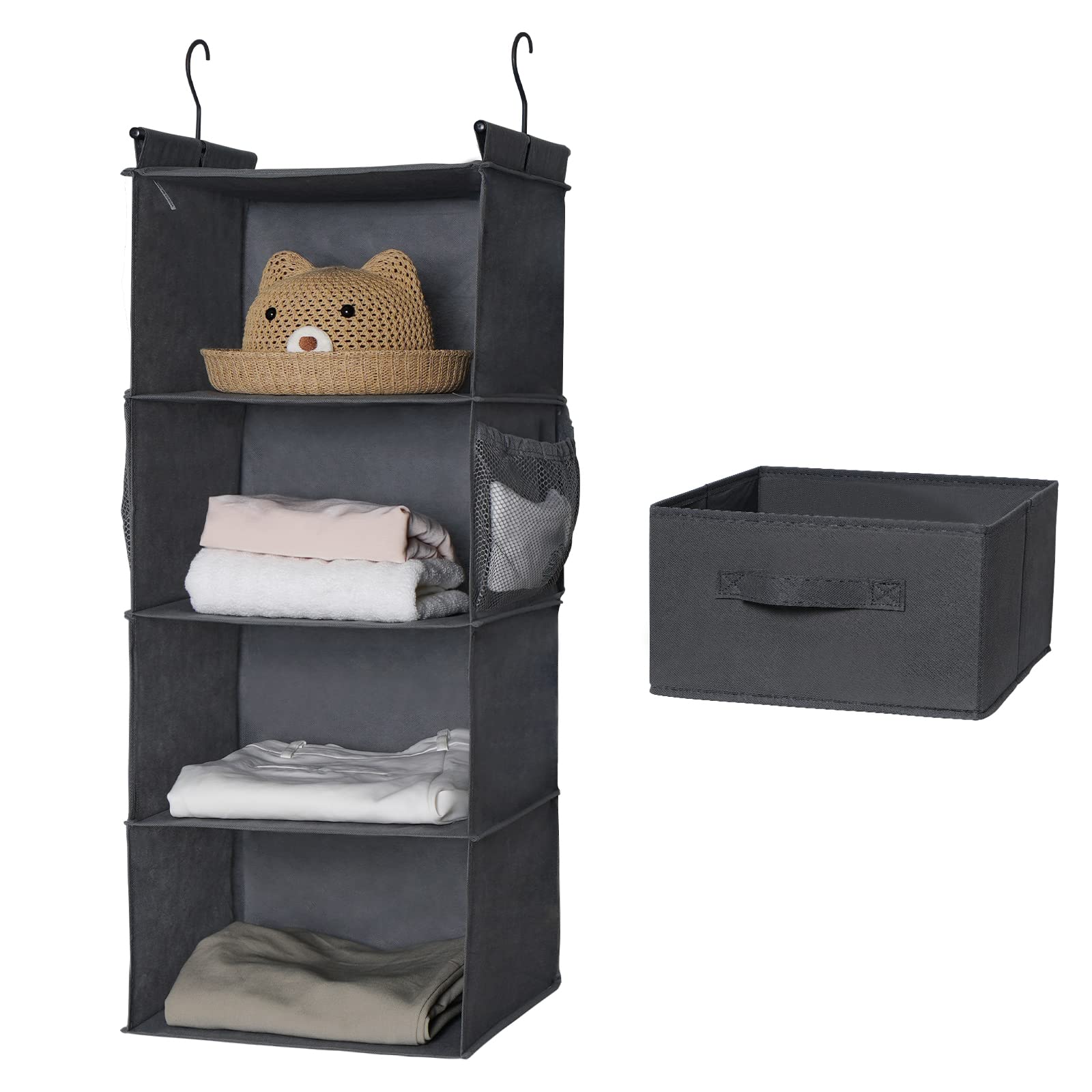 MAX Houser Organizador de armario colgante de 4 estantes, ahorro de espacio, estantes colgantes de tela con 2 bolsillos laterales, plegable (gris)