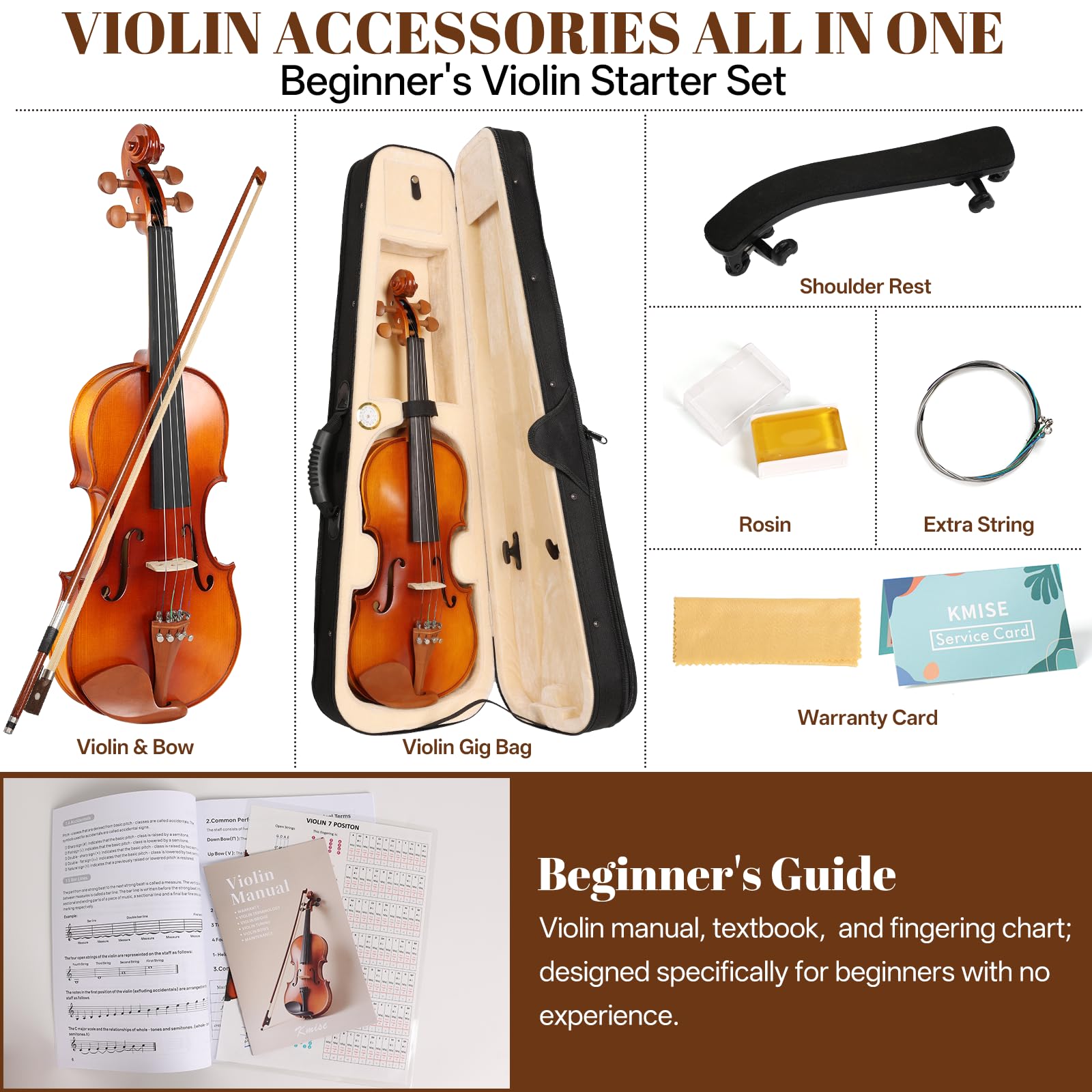 Kmise Violine 4/4 Starter-Set in voller Größe für Studenten, Anfänger, Erwachsene, robustes Jujube-Holz, akustisches Geigen-Set mit Hartschalenkoffer, Bogen, Kolophonium, extra Saiten, Schulterstütze