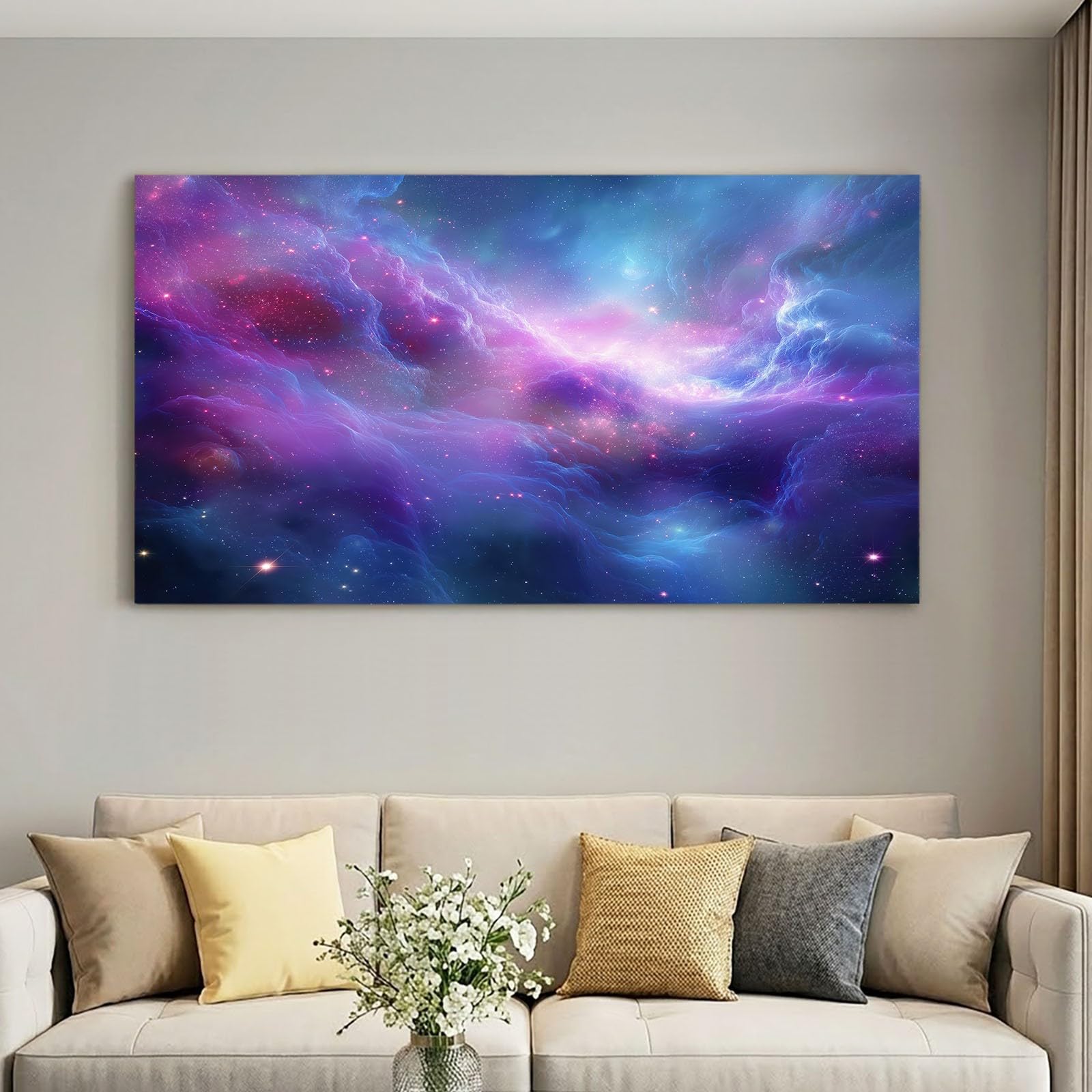 Stampe su tela da parete, 120 x 60 cm, motivo: nebulosa viola, cielo stellato, universo, decorazione da parete per camera da letto, soggiorno, corridoio o ingresso