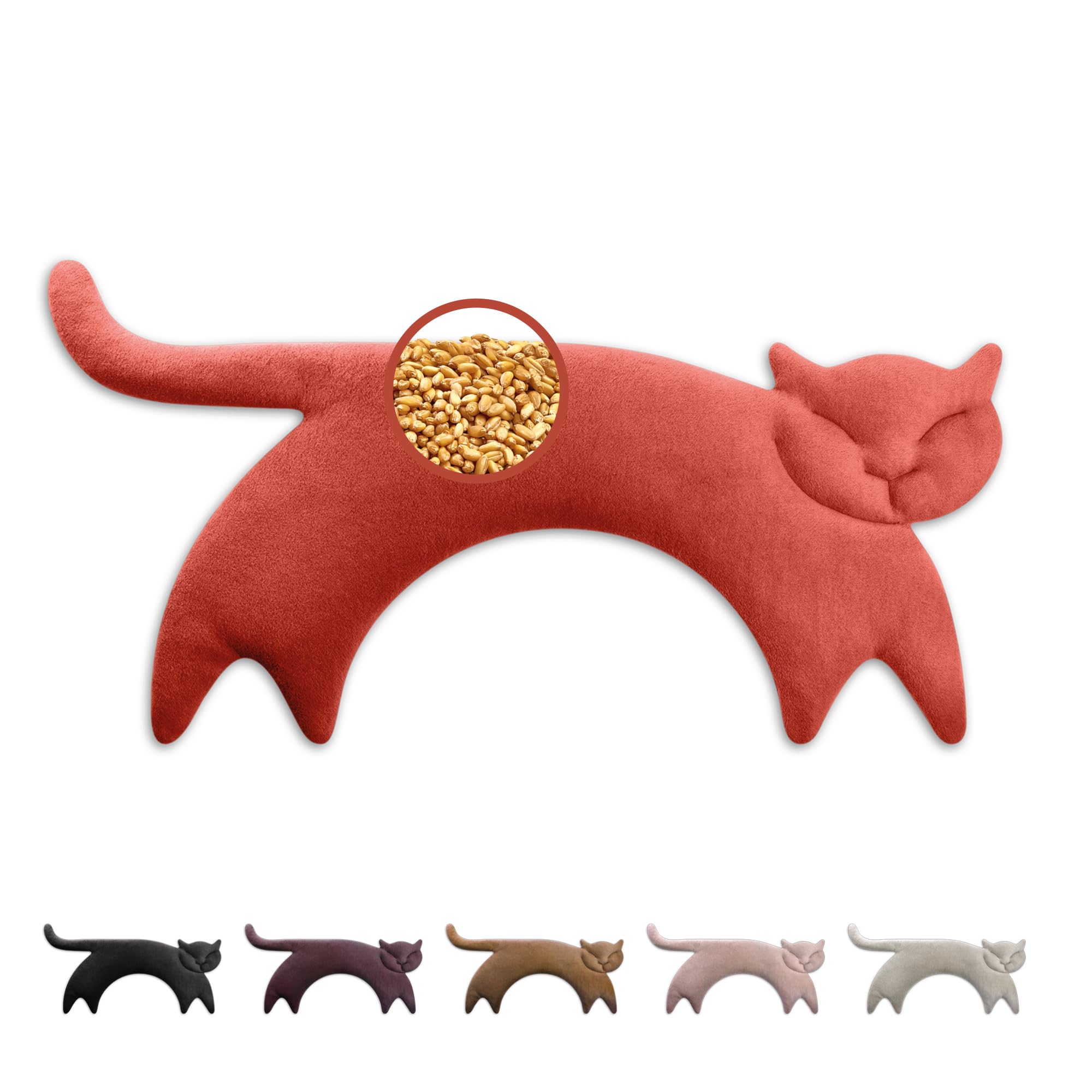 LESCHI Cuscino cervicale termico per microonde - In cotone bio con grano biologico - Cuscino riscaldante ideale per sciogliere tensioni a collo, spalle e schiena - Gatto, rosso