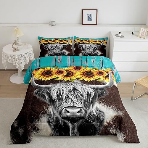 Juego de ropa de cama de vaca de las Highland, edredón con estampado de piel de vaca marrón para niños y niñas, edredón de girasoles en 3D,