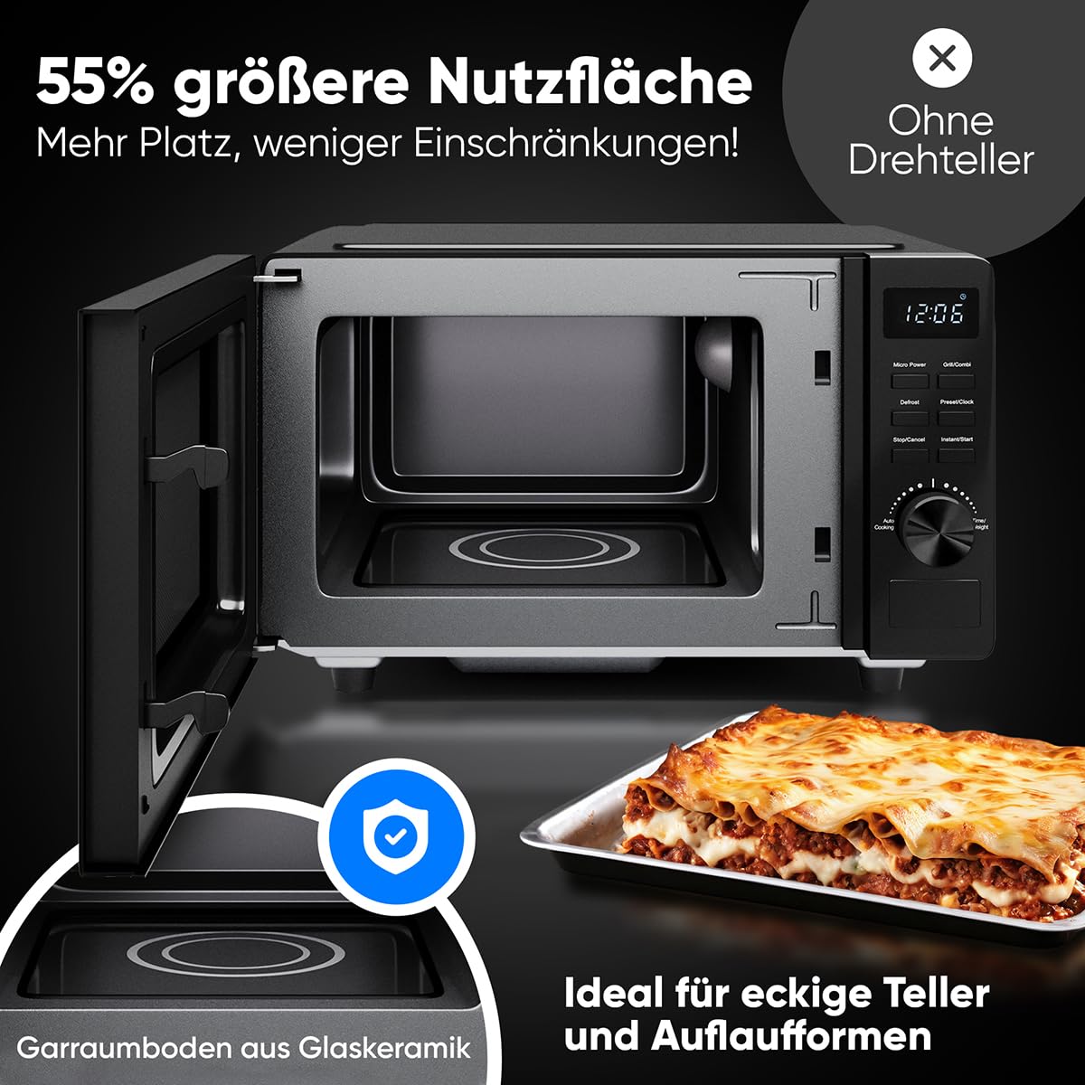 ProfiCook Mikrowelle mit Grill 20L | Mikrowelle ohne Drehteller für gleichmäßige Wärmeverteilung | Mikrowelle schwarz mit Timer und Auftaufunktion | inkl. Grillrost: 23 x 20cm,1150W | PC MWG 1278