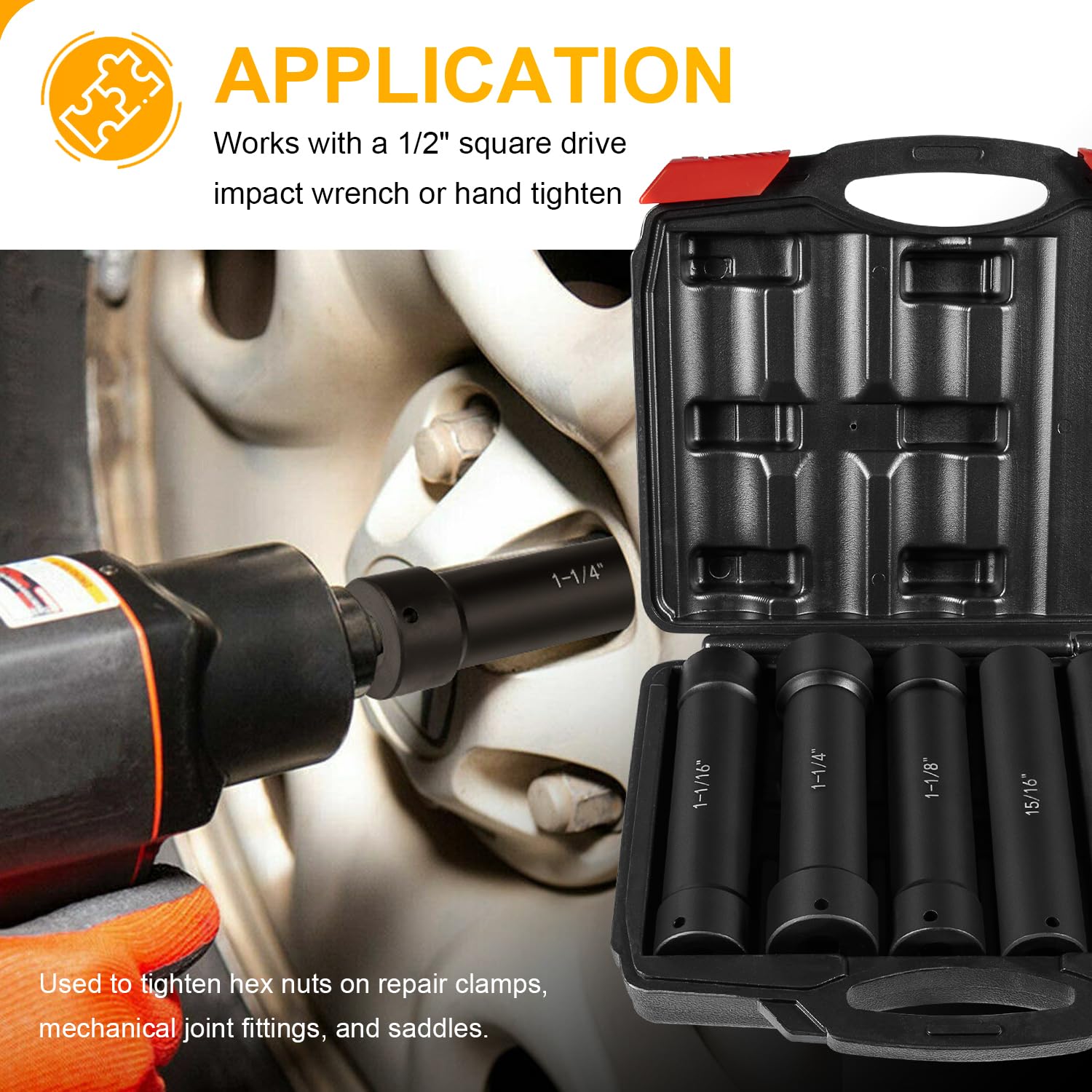 Juego de llaves de impacto de longitud extendida con funda resistente, incluye enchufes de 3/10.2 cm, 7/20.3 cm, 15/40.6 cm, 1-1/40.6 cm, 1-1/20.3 cm y 1-1/10.2 cm