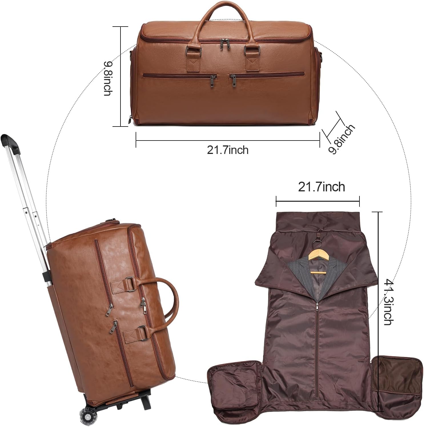 Seyfocnia Rolling Garment Bag With Wheels - Overnight Carry On Suitcase With Shoe Compartment - Convertible Duffle Bag for Travel - Brown
