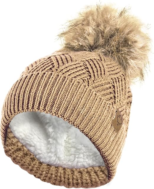 RockJock Ladies Warm Chunky Diamond Cable Knit Hat with Thermal Teddy Fleece Lining and Detachable Faux Fur Pompom