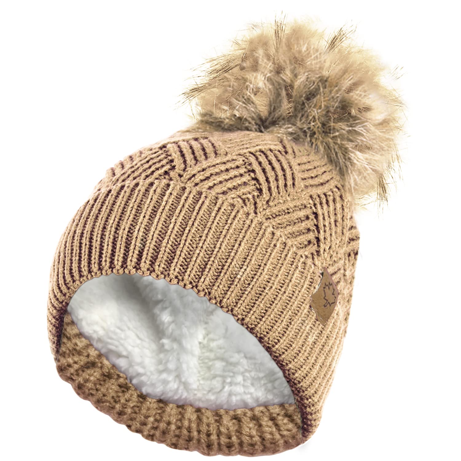 Rockjock Women's Camel Warm Chunky Diamond Cable Knit Hat With Thermal Teddy Fleece Lining And Detachable Faux Fur Pompom