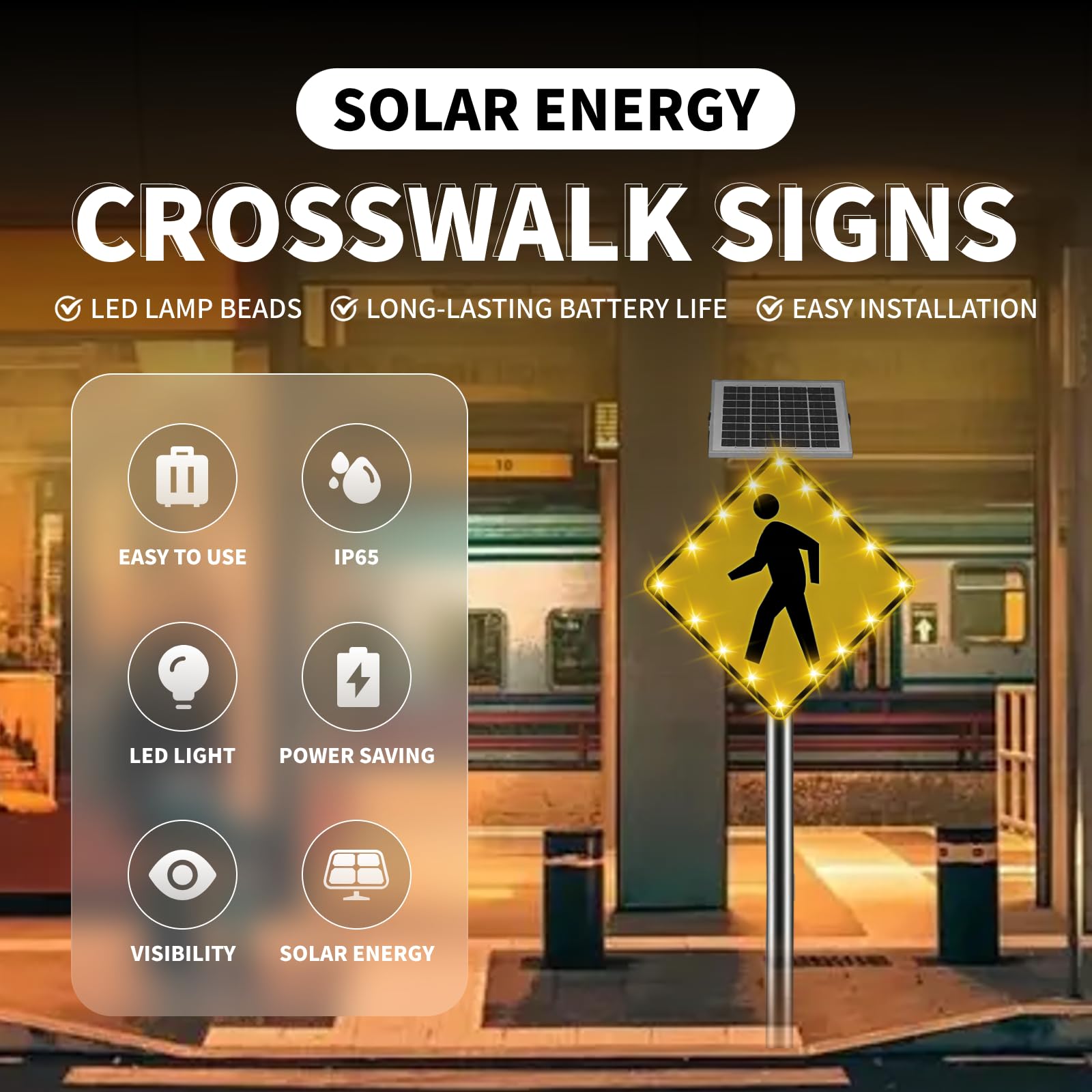 ZHENYUWANG Señal de Paso de peatones de 24 Pulgadas alimentada por energía Solar, señal de tráfico Intermitente LED para Paso de peatones, clasificación de protección IP65 24in