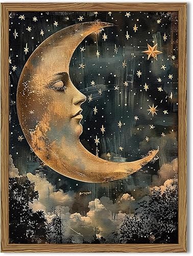 Arte de pared vintage de luna y estrellas, pinturas de decoración de pared de bruja celestial animada, academia oscura, ilustraciones abstractas de