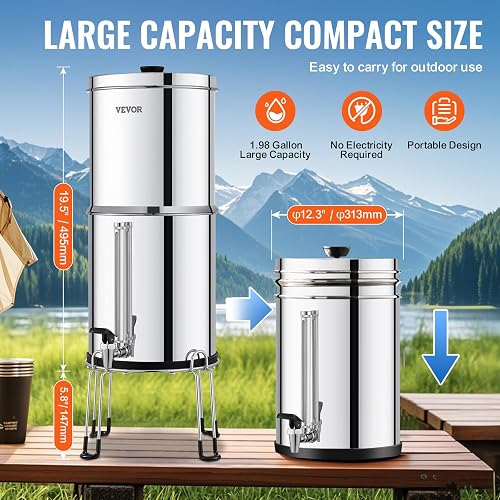VEVOR Sistema di Filtraggio Acqua a Gravità Sistema in Acciaio Inox Sistema Filtraggio Acqua 7+7,5 L, Riduce Piombo e Cloro, con 2 Filtri al Carbone e 2 Filtri di Defluorurazione e Rubinetto Camper - 5