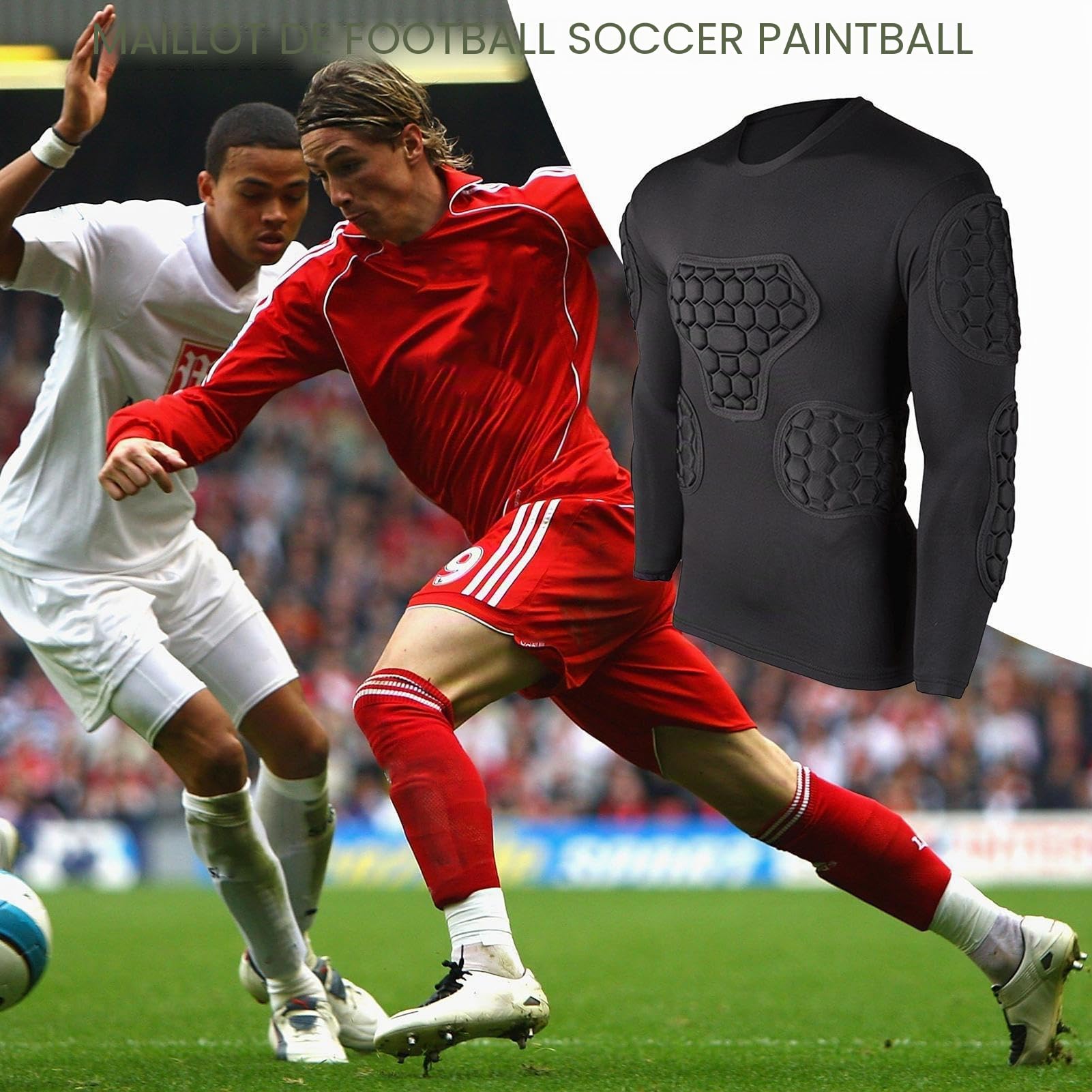 Maillot rembourré à manches longues pour enfant - Maillot de gardien de but - Noir - Maillot de football pour jeunes - Pour football, basket-ball, paintball, rugby, parkour