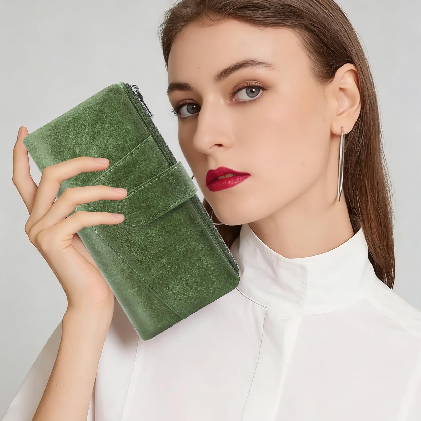 REETEE Portafoglio Donna Grande Portafoglio in Pelle PU Blocco RFID Lungo Portafogli da Donna Cerniera Grand Portamonete e 23 Porta Credito Carte Molti Scomparti (verde)